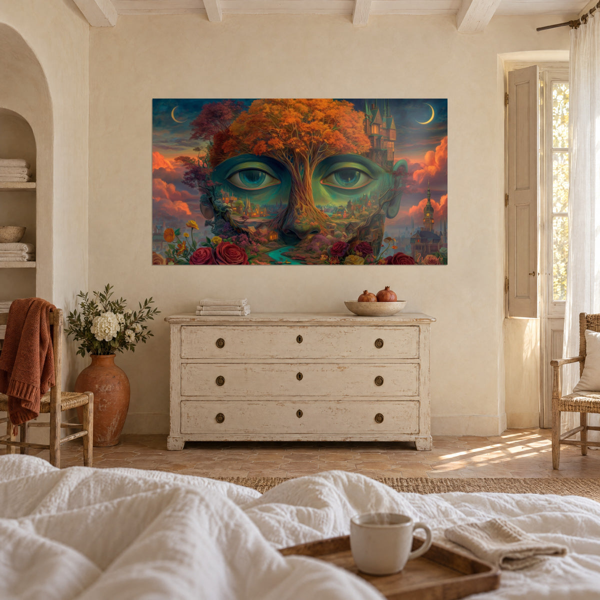 Cuadro retrato fantástico de ojos verdes y cabellera de arce anaranjado, colgado encima de una cama en un dormitorio luminoso