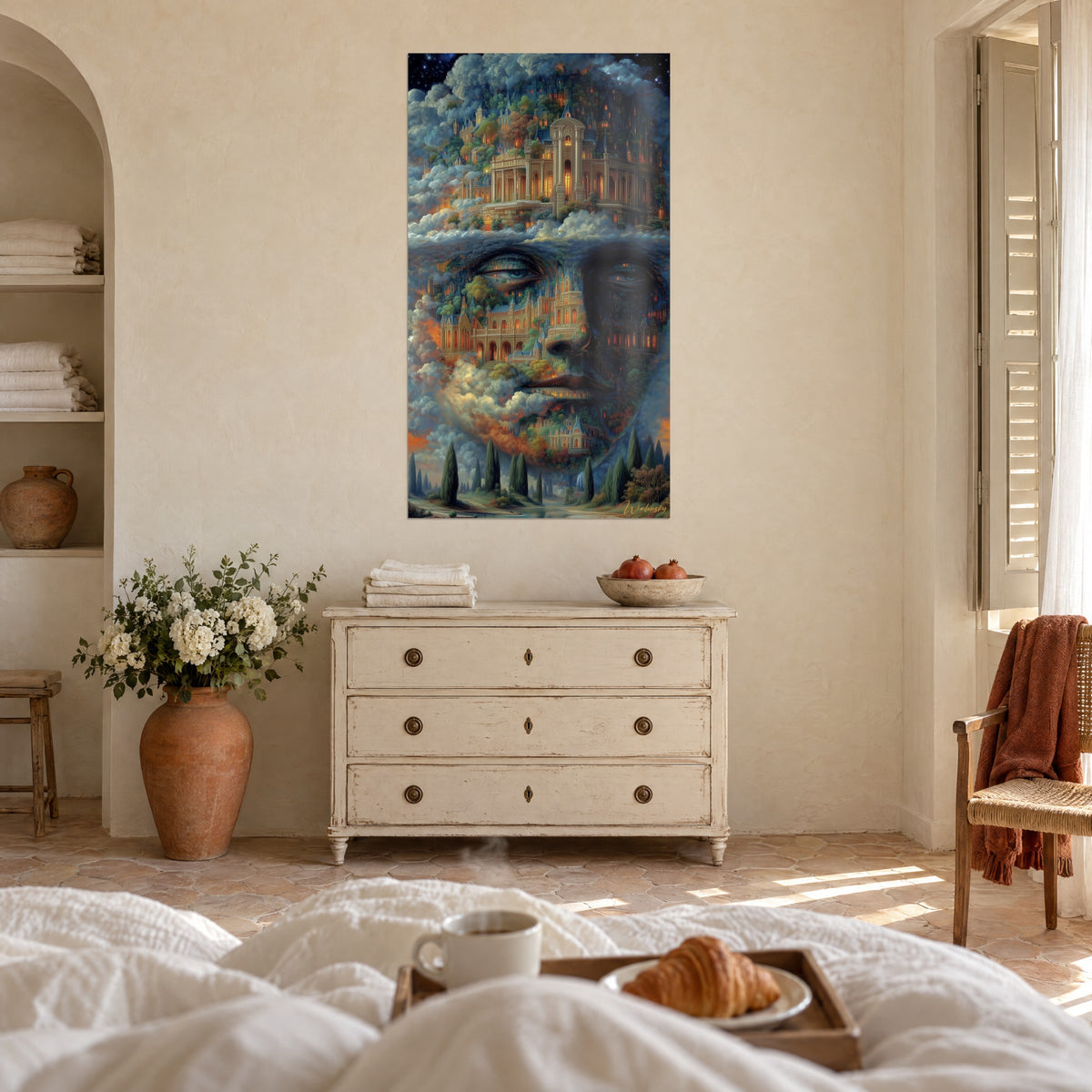 Quadro testa fantastica costruita con torri, arcate e tetti di ardesia blu, cielo tempestoso arancione, sopra un letto in una camera luminosa