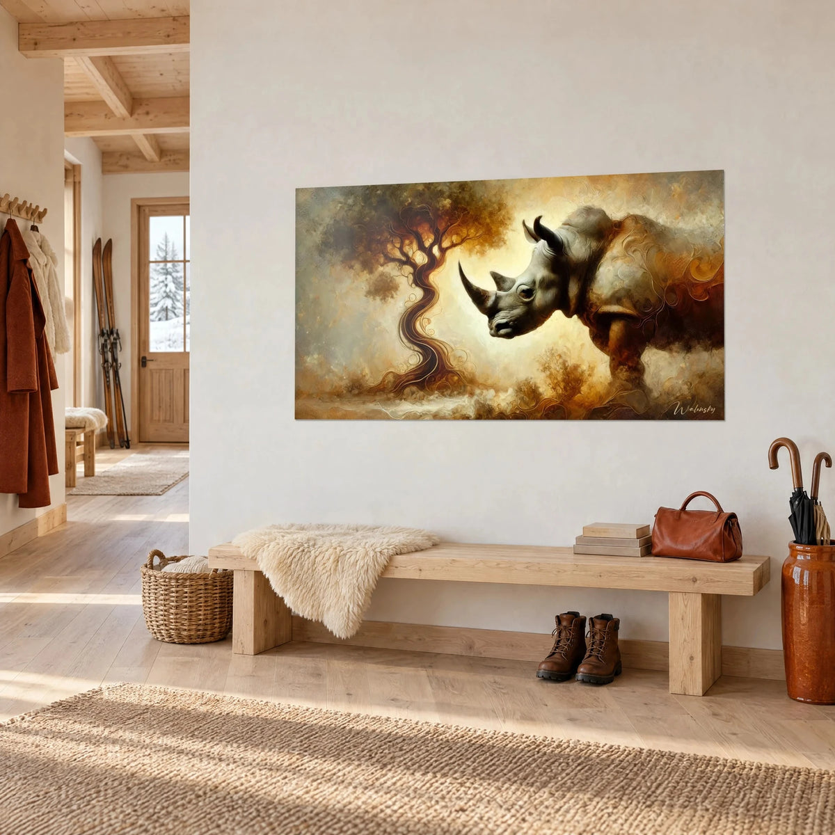 Tableau pachyderme massif de profil, peau grise et roux cuivré, accroché au-dessus d'un banc en bois dans une entrée de chalet