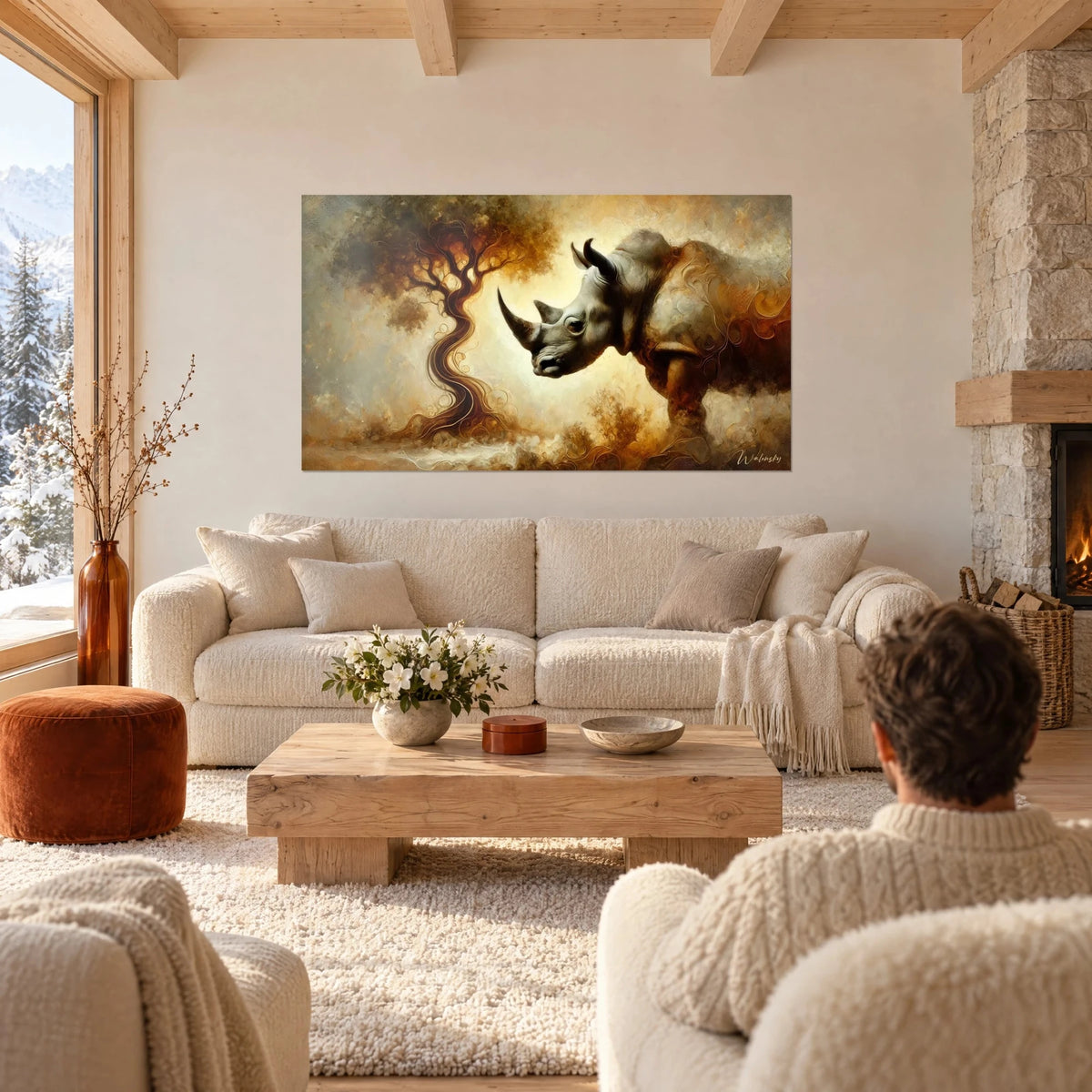 Tableau rhinocéros blanc aux cornes sombres près d'un arbre tourbillonnant ocre et or, au-dessus d'un canapé dans un salon lumineux