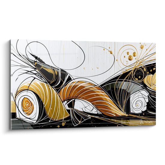 Sushis stylisés en volutes dorées et noires sur fond blanc strié, composition graphique raffinée