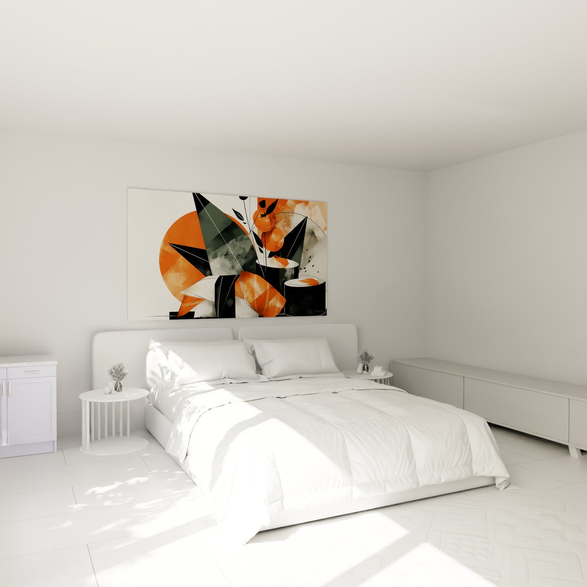 Formes orange et noir évoquant des sushis stylisés, au-dessus d'un lit dans une chambre claire