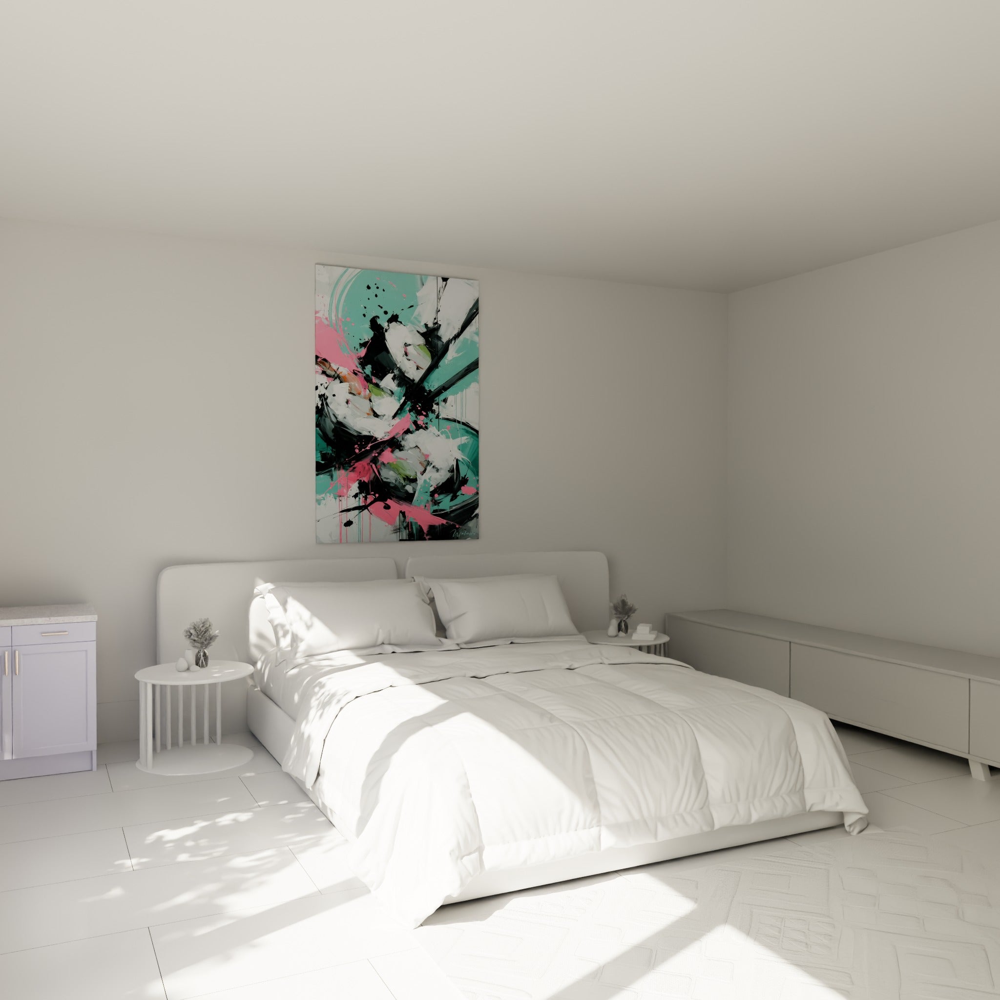 Explosion de sushi rose et turquoise, coulures noires vives, accrochée au-dessus d'un lit dans une chambre claire