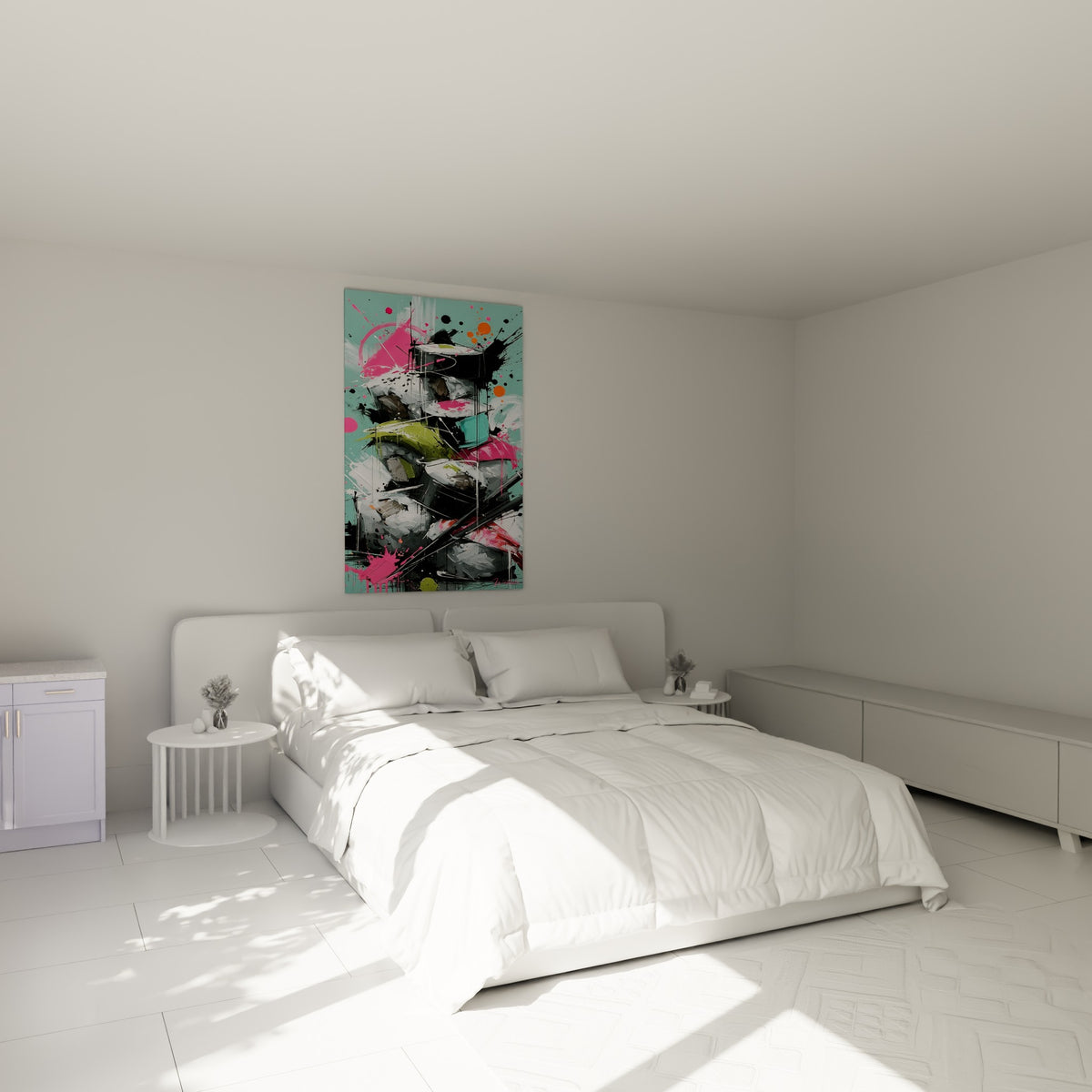 Composition de sushis turquoise et fuchsia aux empâtements blancs, accrochée au-dessus d'un lit dans une chambre claire