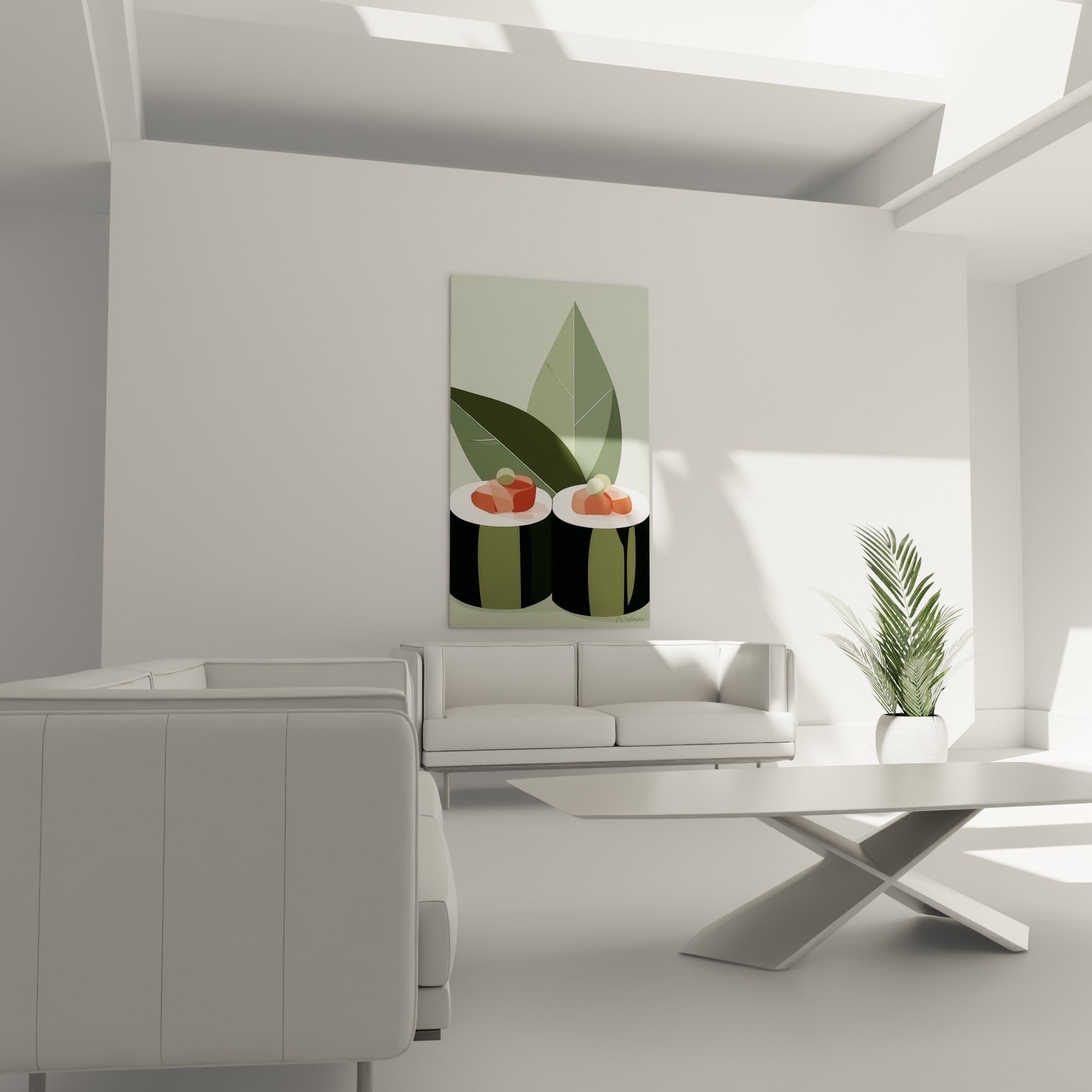 Makis noirs et rondelles corail illustrés en aplats, au-dessus d'un canapé dans un salon lumineux