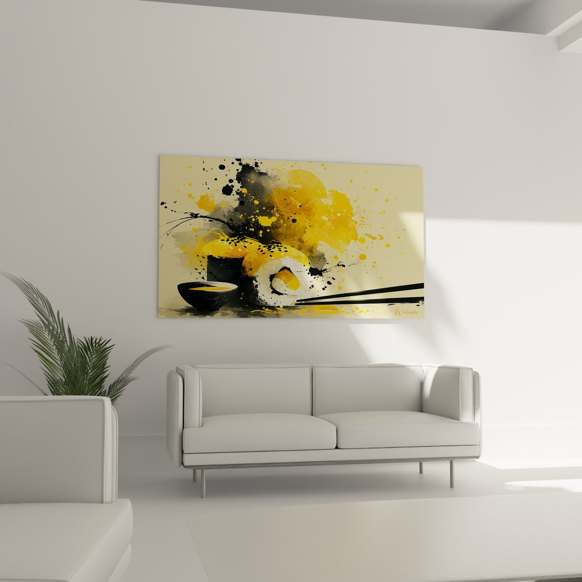 Composition gourmande jaune et anthracite, disposée au-dessus d'un canapé dans un salon lumineux