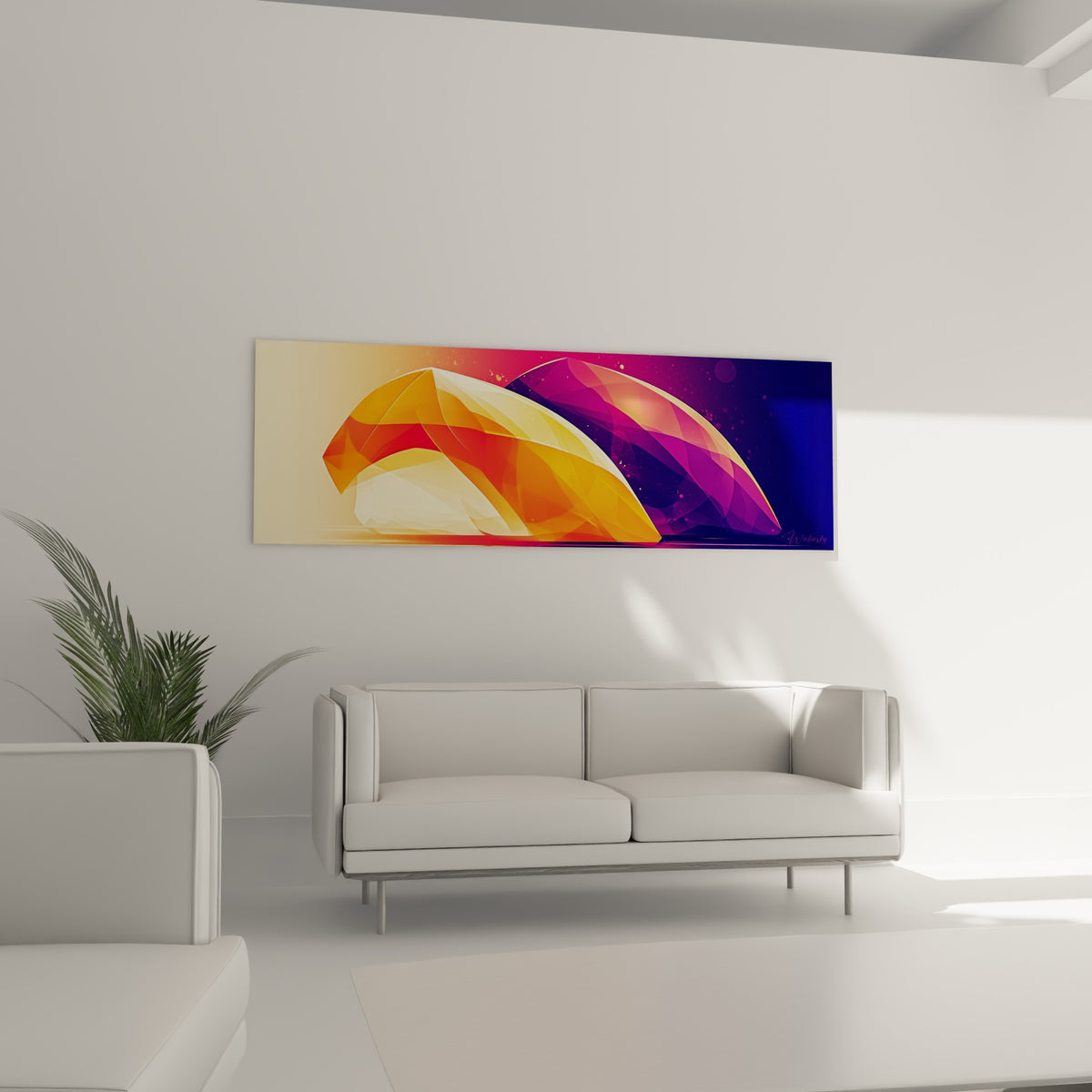 Formes géométriques orange et anthracite du sushi placées au-dessus d'un canapé dans un salon lumineux