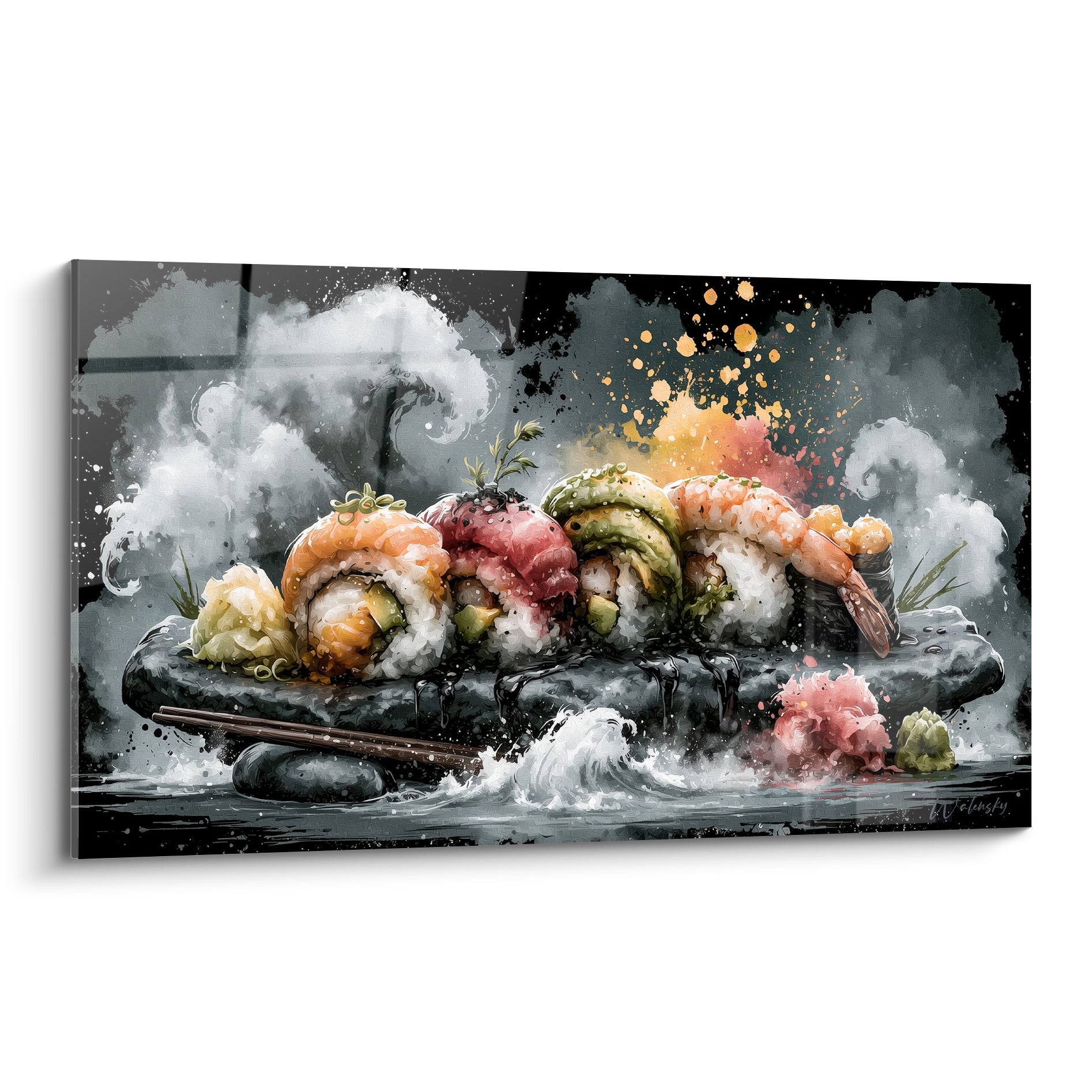 Plateau de sushis saumon et avocat sur pierre anthracite entouré de fumée blanche
