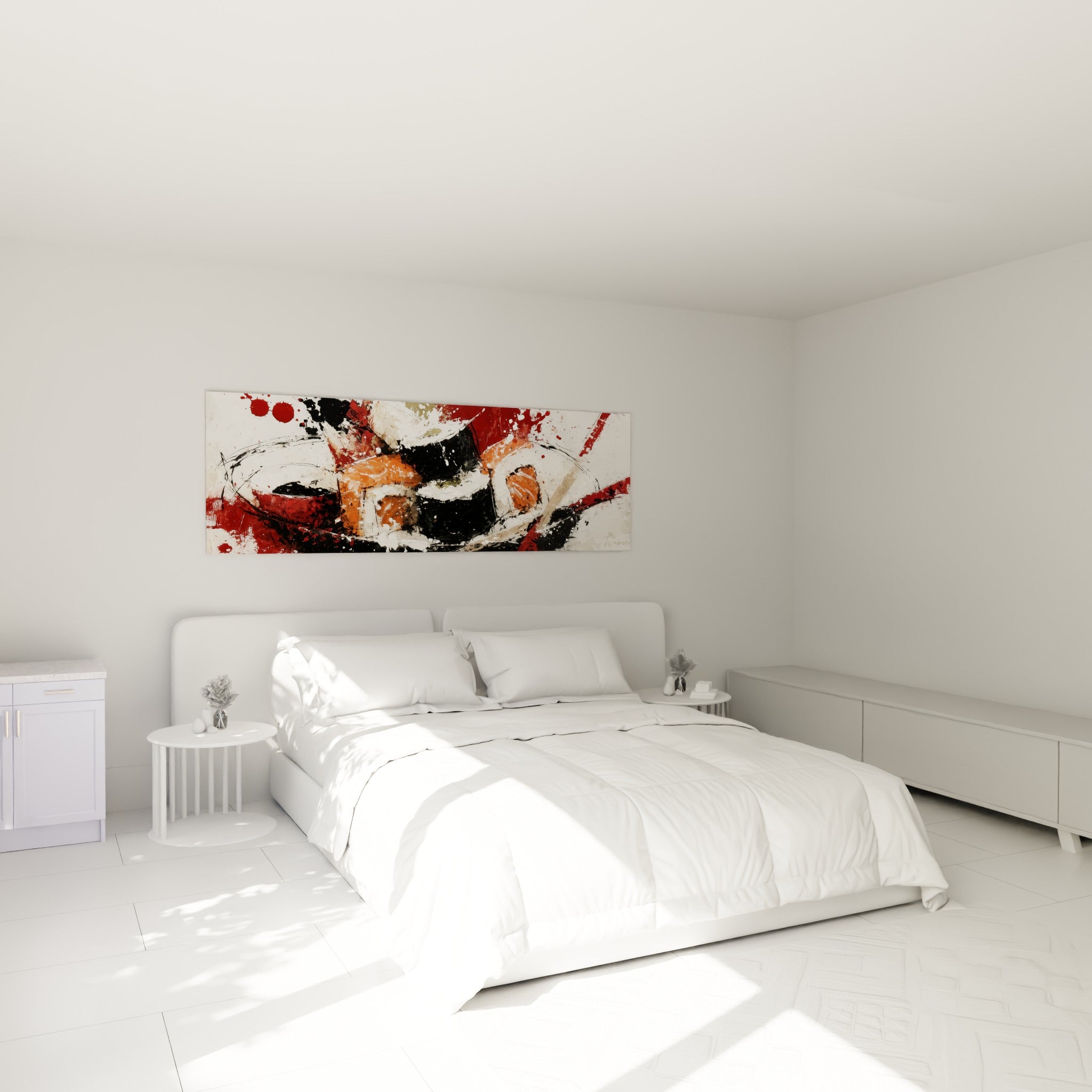 Assiette de sushi abstraite rouge et anthracite accrochée au-dessus d'un lit dans une chambre claire
