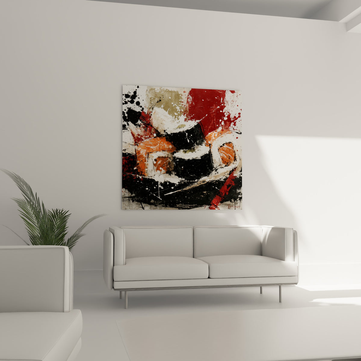 Composition de sushi rouge et anthracite disposée au-dessus d'un canapé dans un salon lumineux
