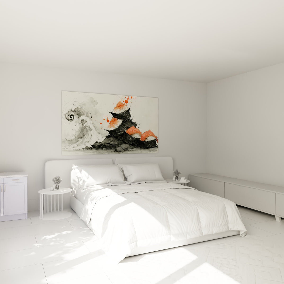 Vague noire et pile de sushis orange corail accrochées au-dessus d'un lit dans une chambre claire