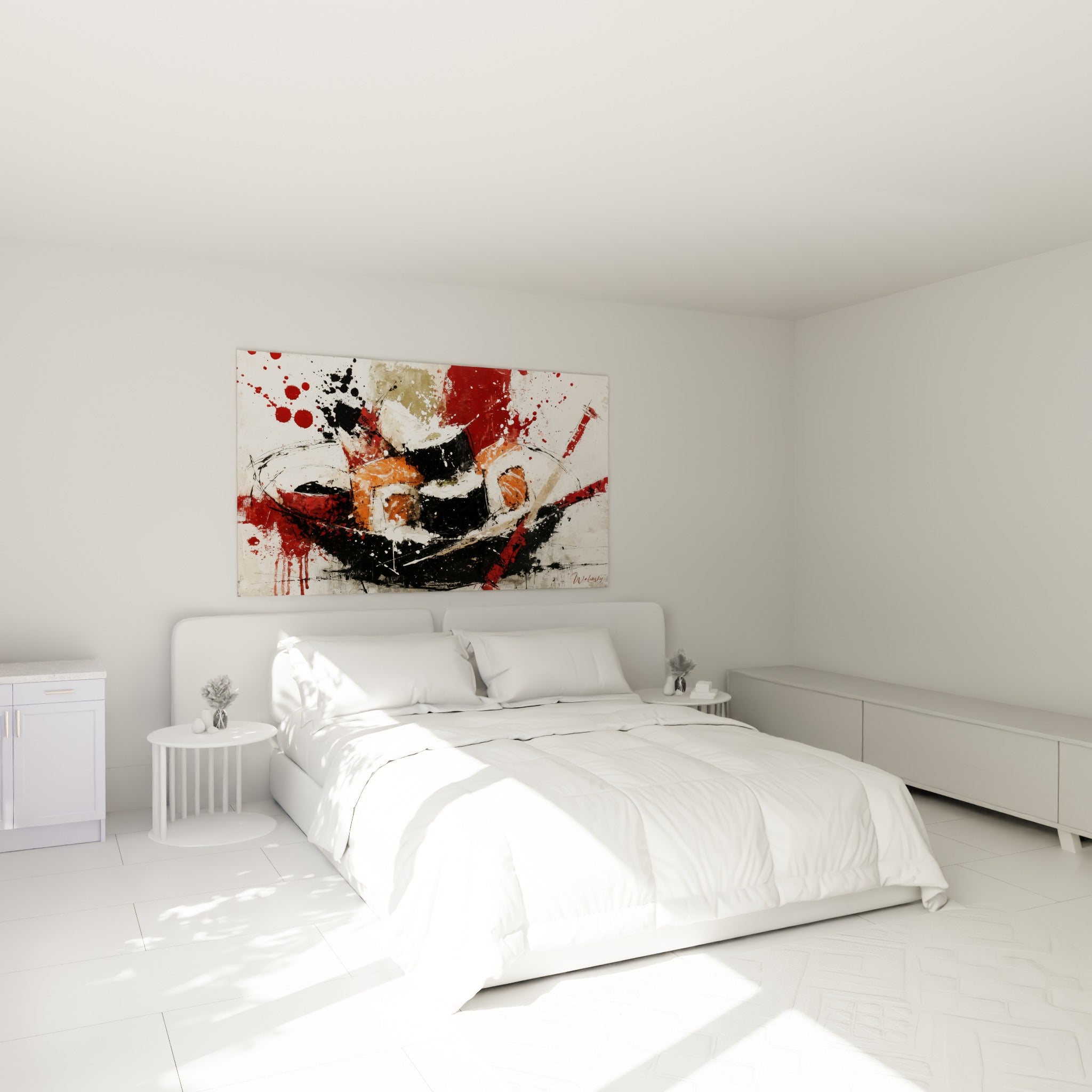 Composition sushi rouge sang et anthracite accrochée au-dessus d'un lit dans une chambre claire