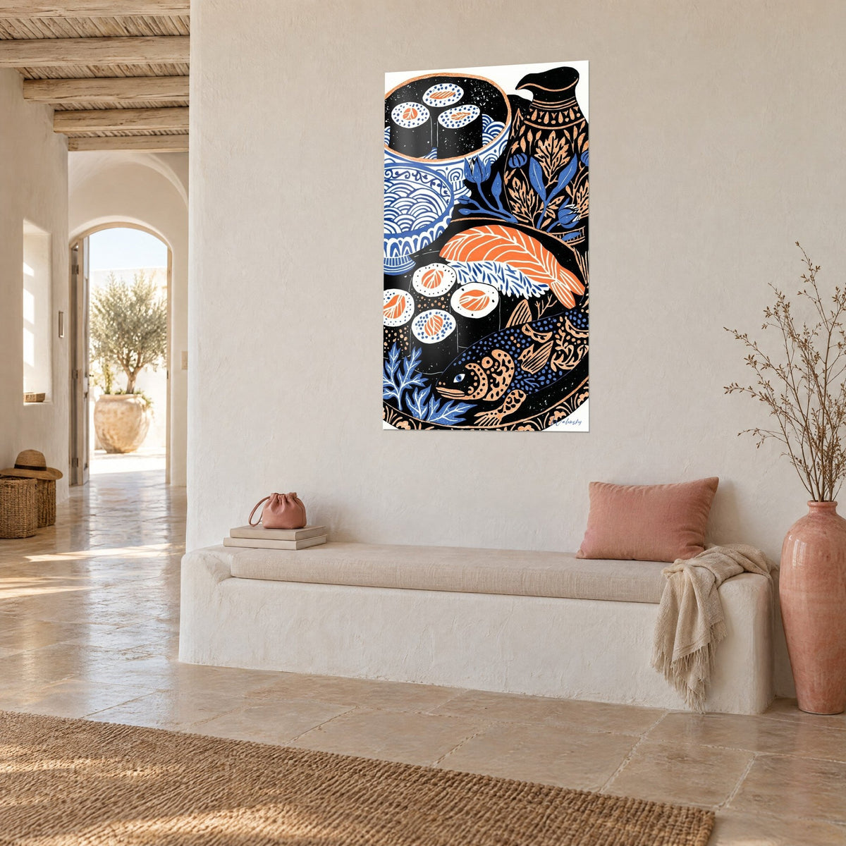 Wall art Japanese banquet in linocut: maki rolls, bowl with cobalt blue wave patterns and orange salmon, bench in a Mediterranean home
