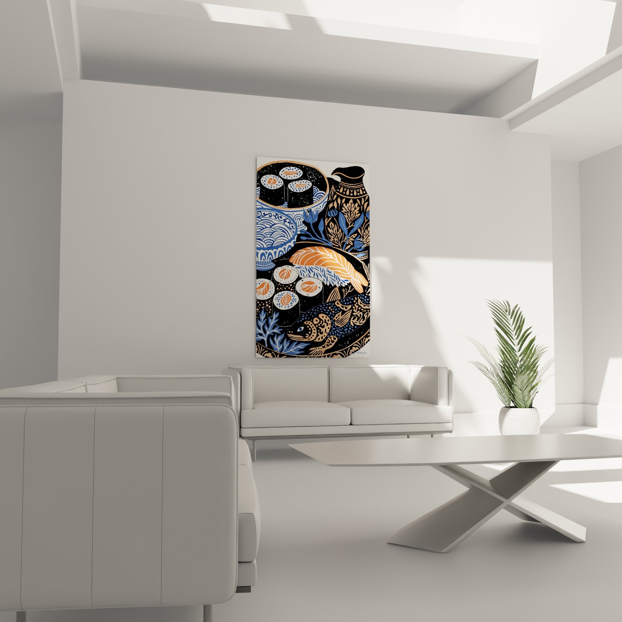 Tableau sushi anthracite et cuivré aux rondelles de saumon, au-dessus d'un canapé dans un salon lumineux