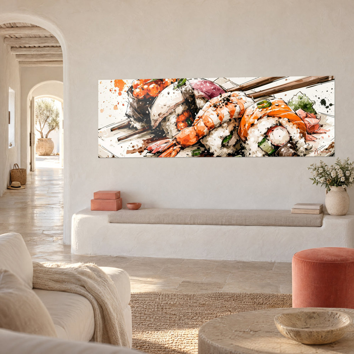 Schilderij sushiassortiment in aquarel, koraalkleurige garnaal, ivoorkleurige rijst en groene wasabi, driekwartaanzicht, witte muur van een mediterraan huis