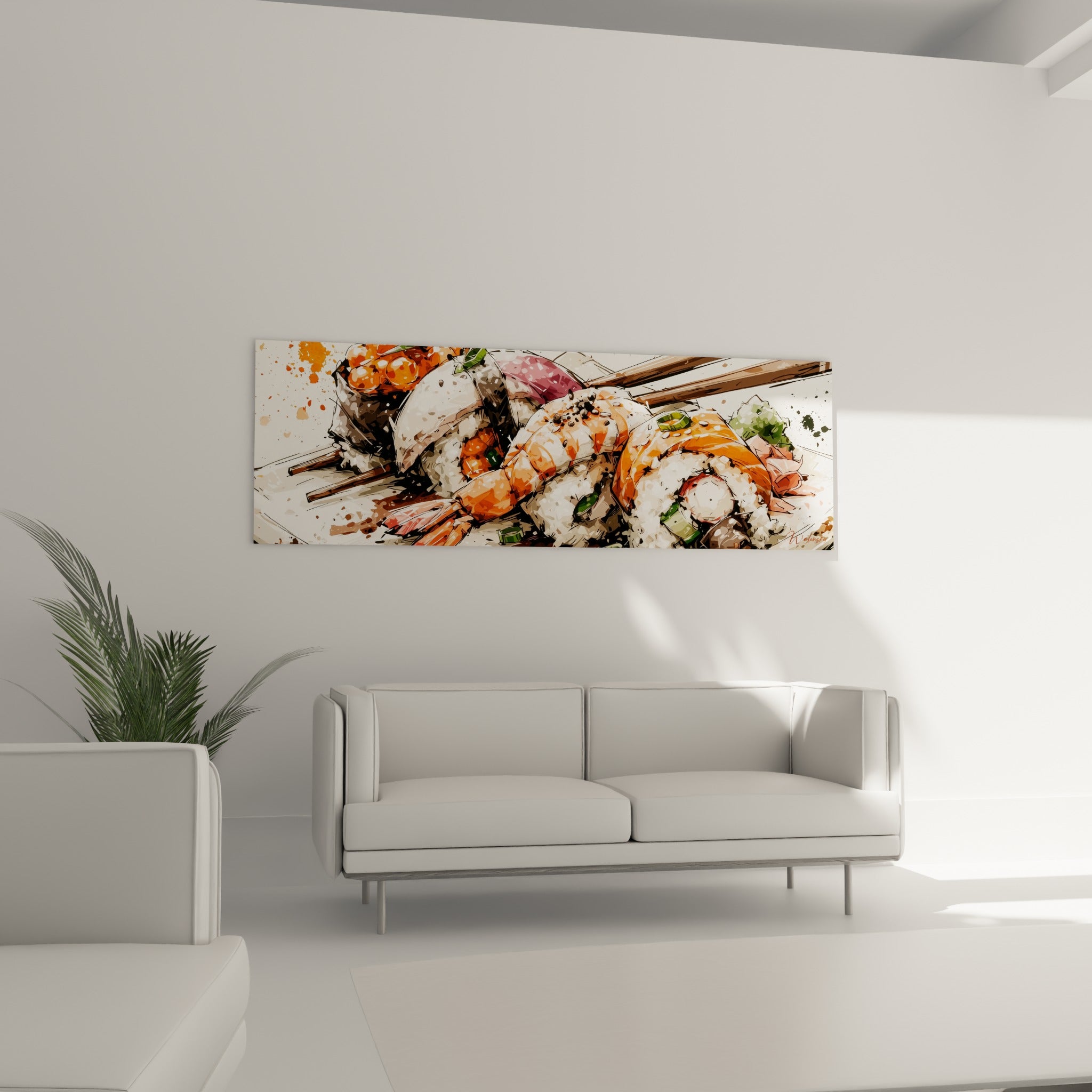 Crevette orangée et riz blanc du tableau sushi disposés au-dessus d'un canapé dans un salon lumineux