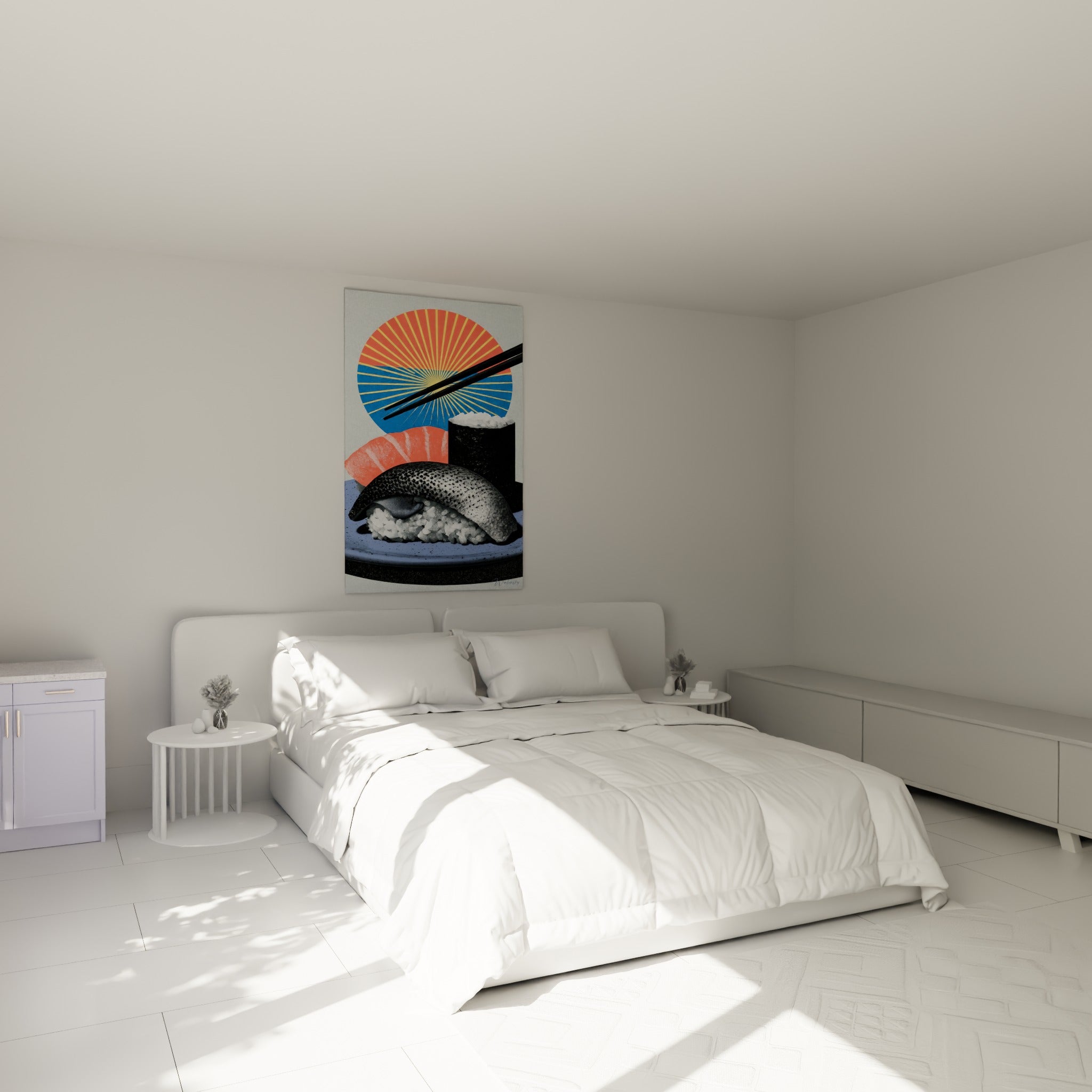 Trois pièces de sushi corail et argenté surmontées d'un disque solaire, accrochées au-dessus d'un lit dans une chambre claire