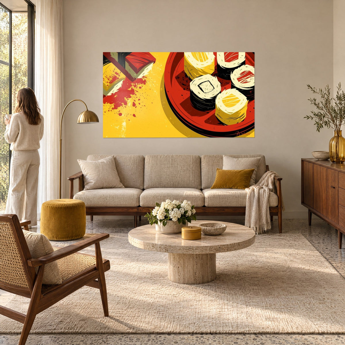 Tableau maki noirs et cheveux d'ange crème sur plateau laqué rouge, fond jaune moutarde, au-dessus d'un canapé dans un salon lumineux
