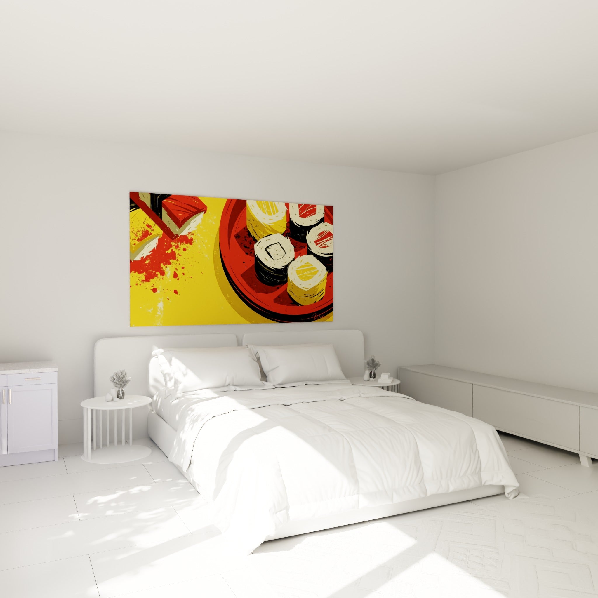 Sushis illustrés en rouge et crème accrochés au-dessus d'un lit dans une chambre claire