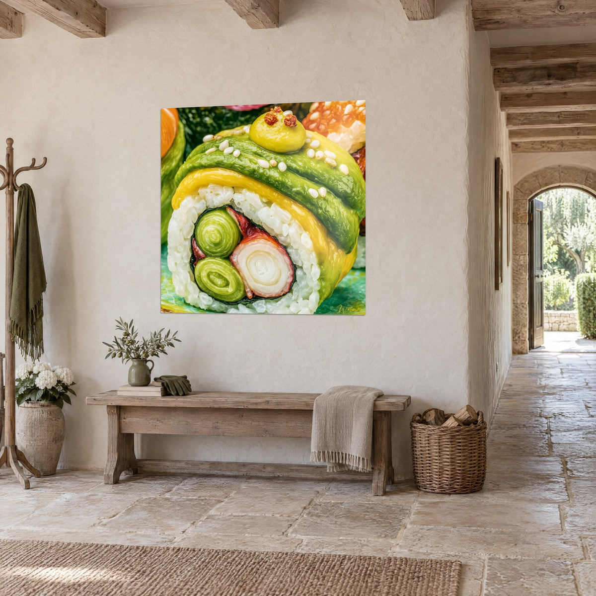 Tableau rouleau de sushi aux spirales de crabe rouge et blanc, nori noir et glaçage vert, dans un couloir en pierre claire