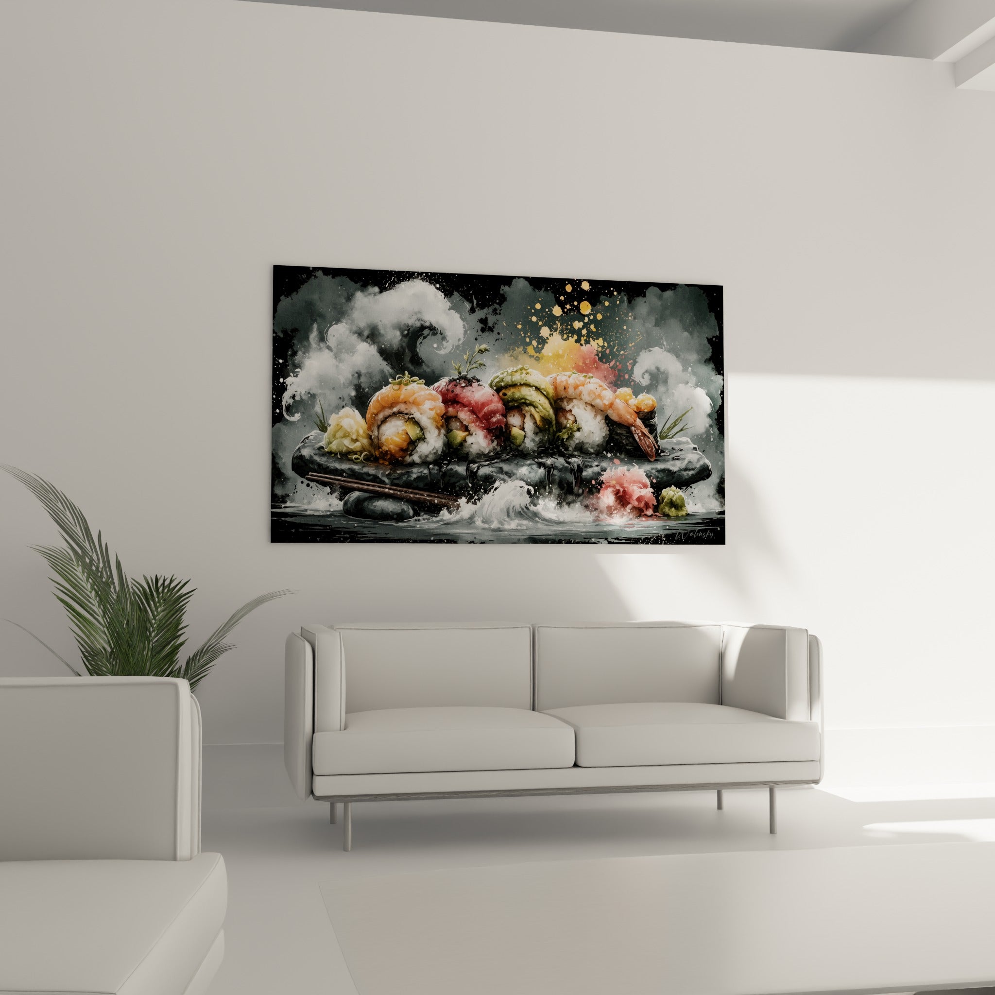 Rouleaux de sushis orangés et roses disposés au-dessus d'un canapé dans un salon lumineux