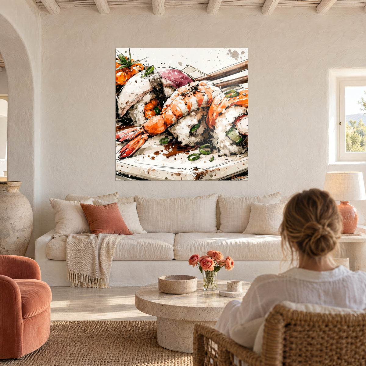 Cuadro nigiri de gamba naranja sobre arroz blanco, cebollino verde y palillos marrones, encima de un sofá en un salón luminoso