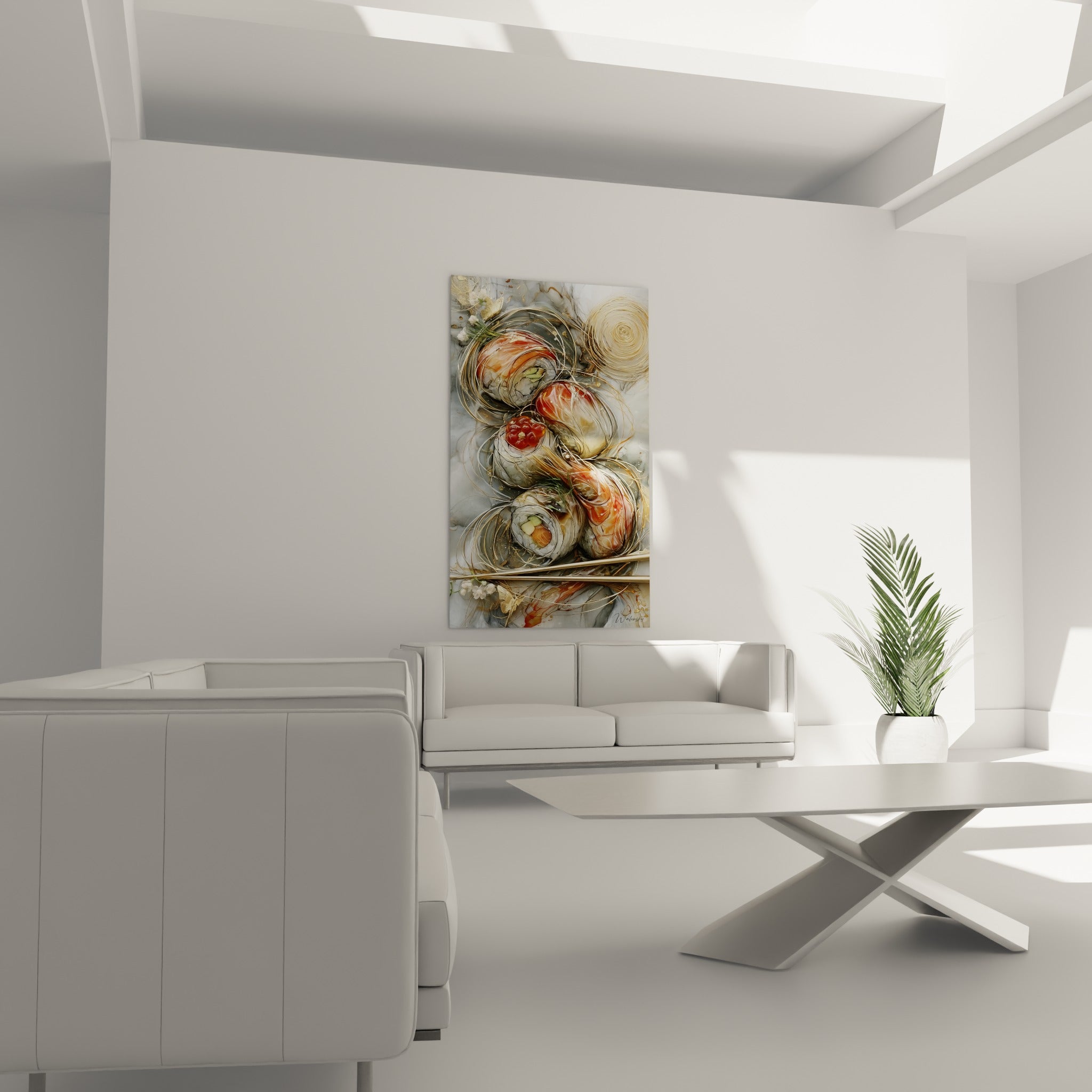 Pièces de sushi gris et corail enlacées de fils dorés, placées au-dessus d'un canapé dans un salon lumineux