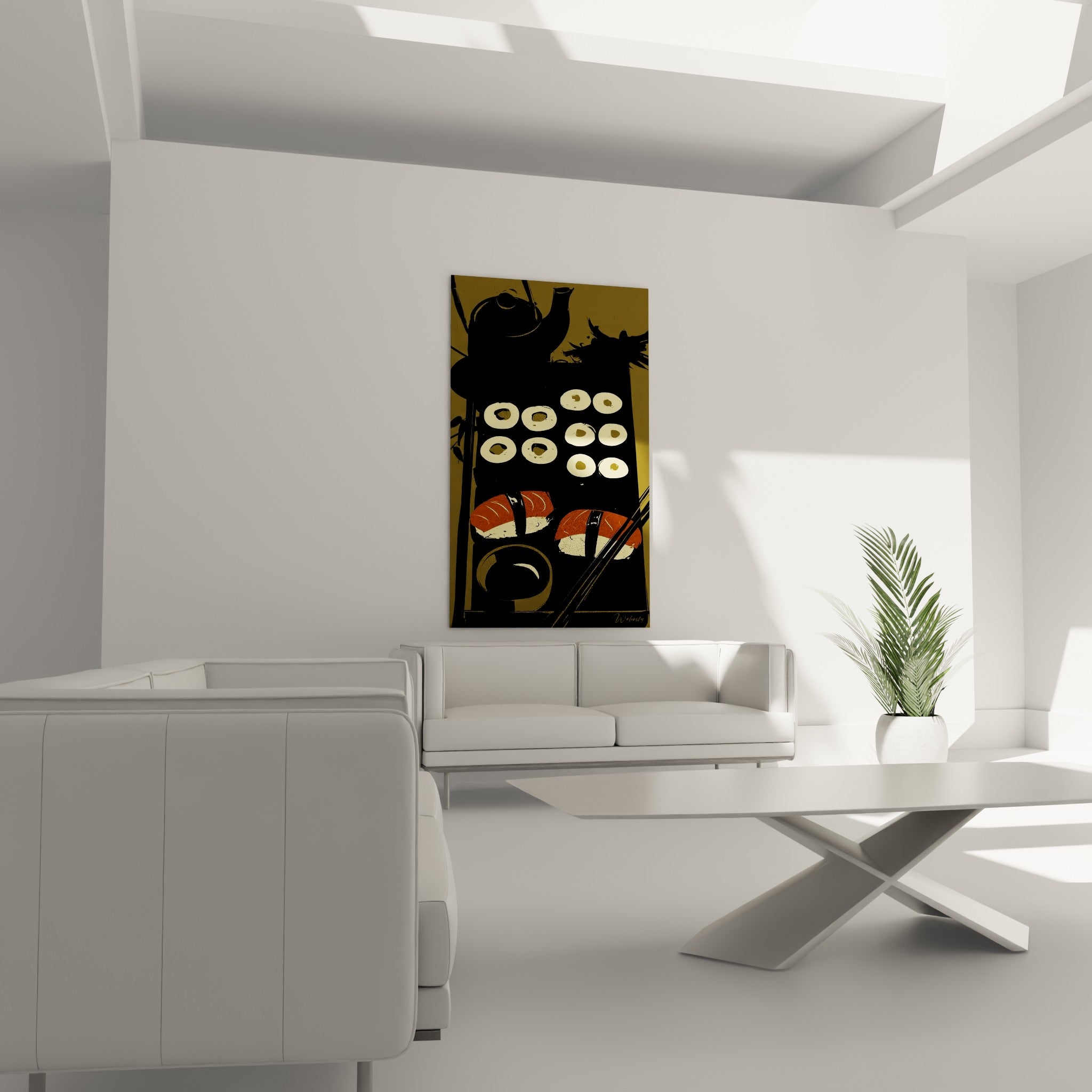 Baguettes obliques et nigiris rouges structurent ce tableau anthracite au-dessus d'un canapé dans un salon lumineux