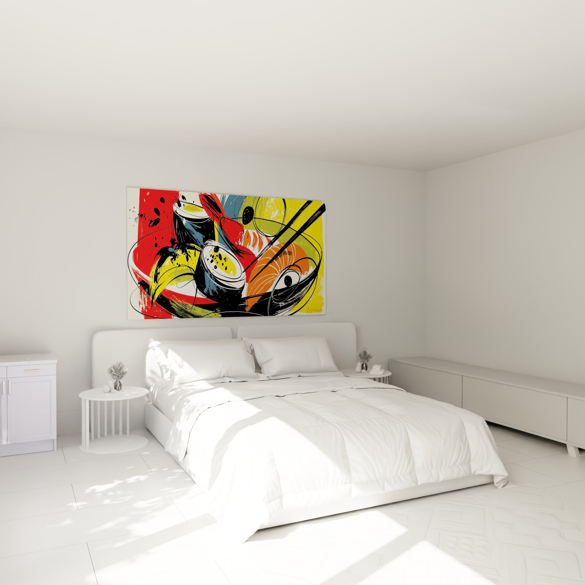 Bol de sushi coloré rouge et bleu ardoise, accroché au-dessus d'un lit dans une chambre claire