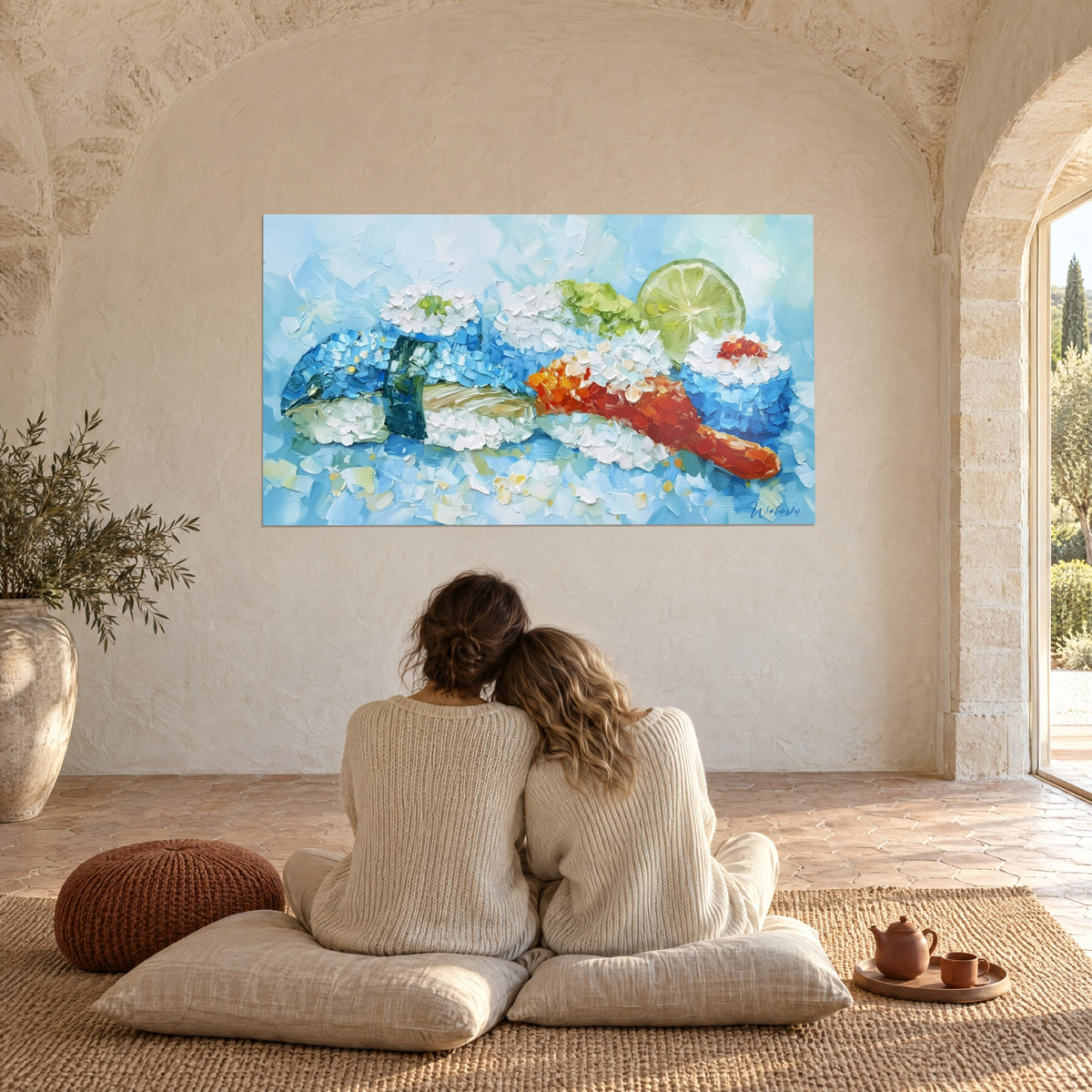 Wall art nigiri with salmon and red caviar on snowy rice, lagoon blue and lime green, couple seen from behind seated on cushions