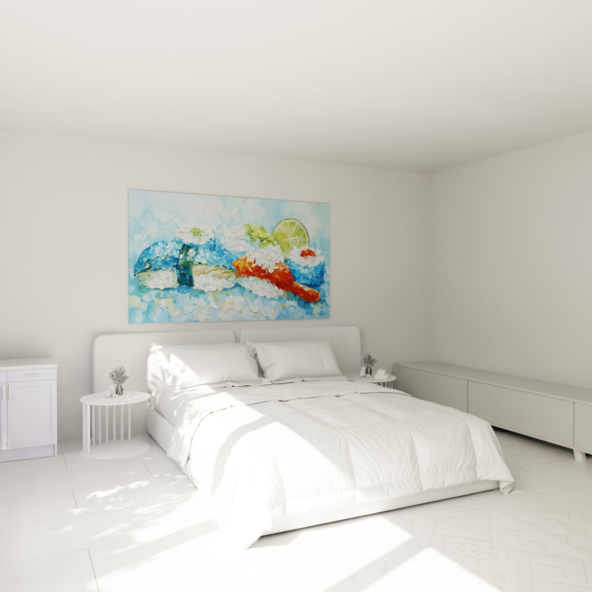 Composition de sushis colorés en blanc, orangé et bleu azur, accrochée au-dessus d'un lit dans une chambre claire