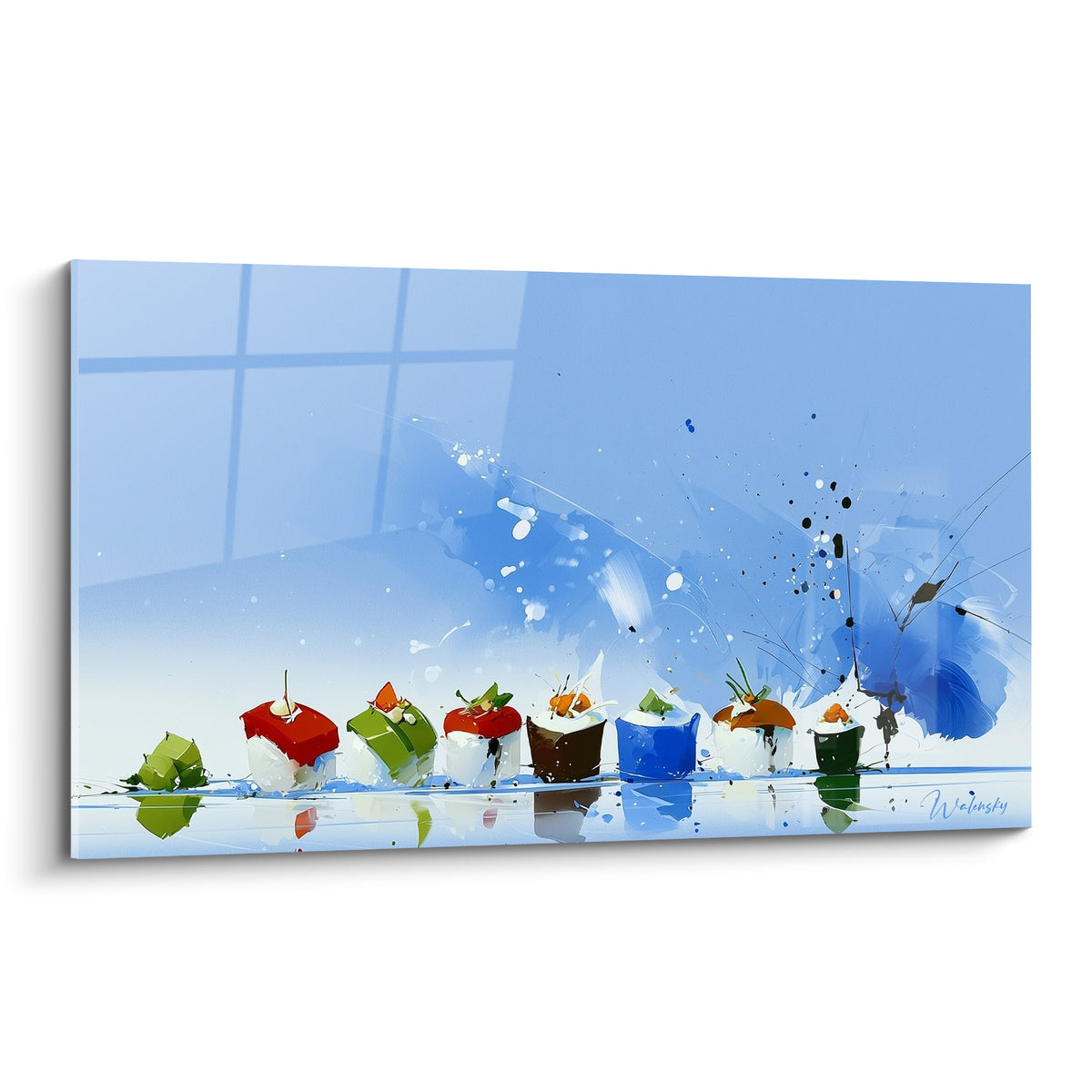 Sushis colorés rouge et vert alignés sur fond bleu éclaboussé aux touches anthracite