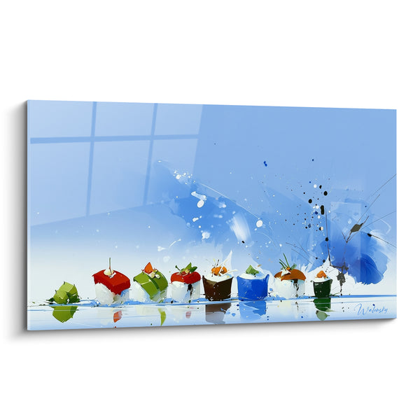 Tableau Sushis colorés en rang bleu éclaboussé - Éclat gourmand - Edition Sushi