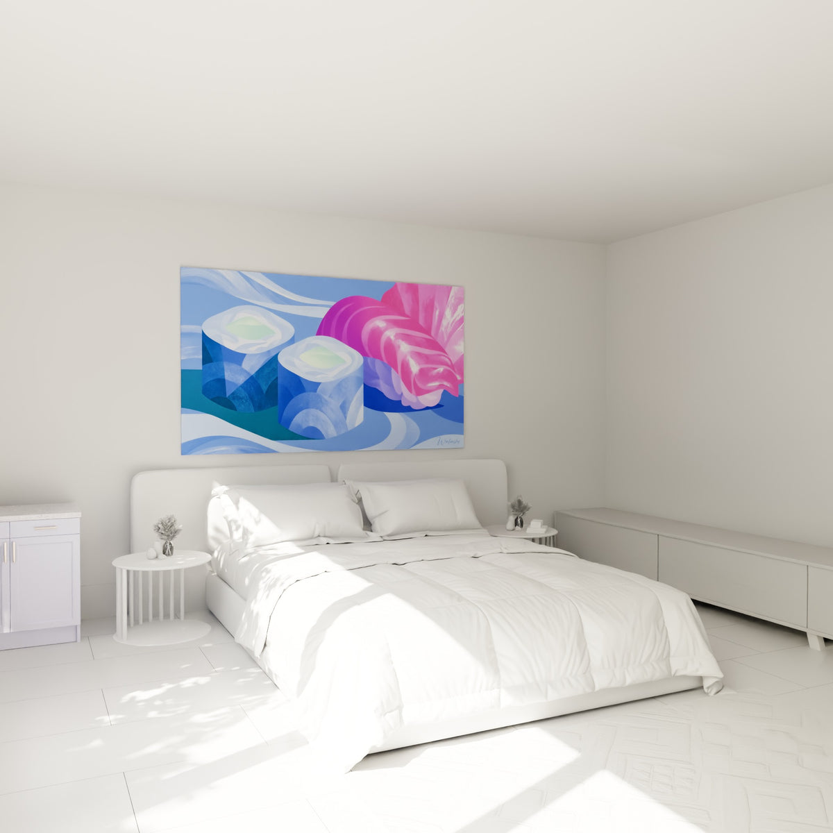 Sushi graphique bleu indigo et rose vif accroché au-dessus d'un lit dans une chambre claire