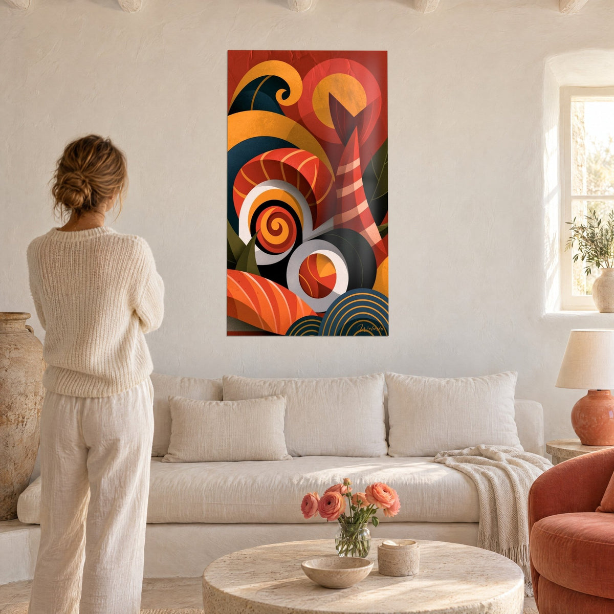 Quadro maki rosso a spirale arancione, alghe verdi e onde blu notte, donna di spalle, sopra un divano in un soggiorno luminoso