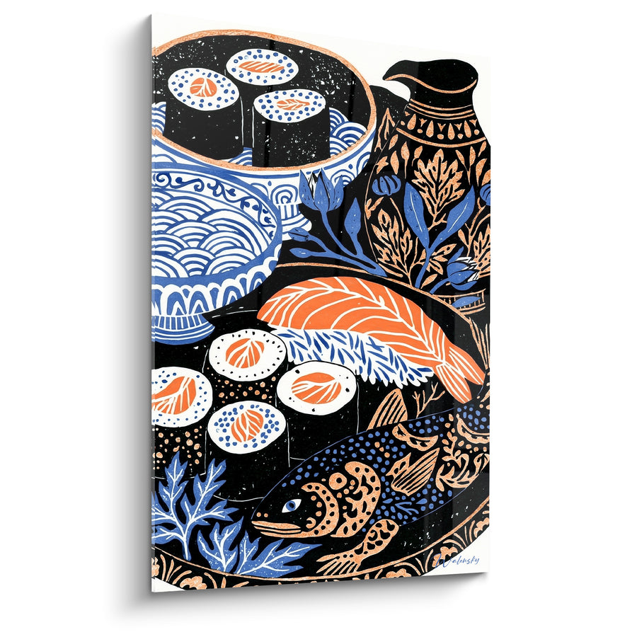 Tableau Nature morte japonaise bleu et orangé - Banquet nippon - Edition Sushi
