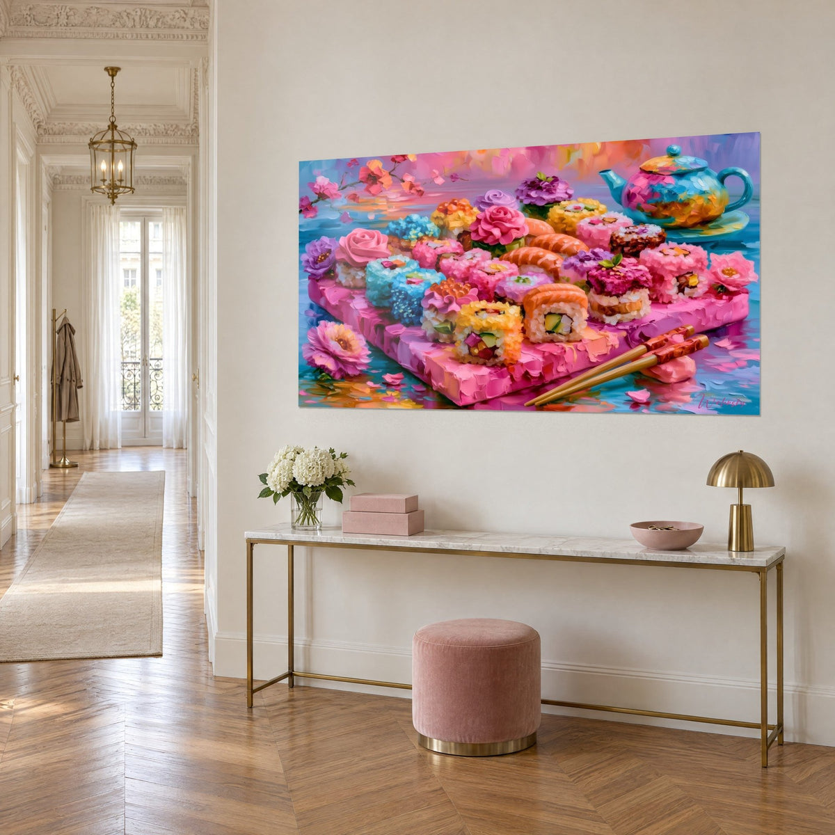 Wall art of floral maki in salmon orange on a fuchsia tray, floating petals, blue teapot, three-quarter view in a Haussmann-style hallway