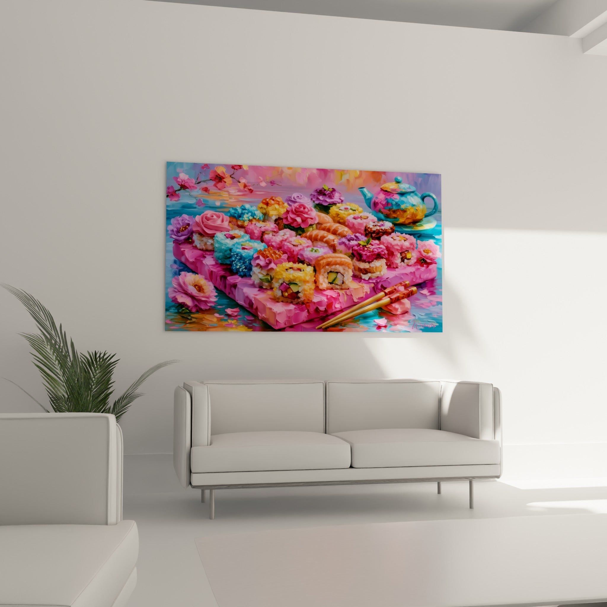 Sushi bleu et corail entouré de roses roses au-dessus d'un canapé dans un salon lumineux