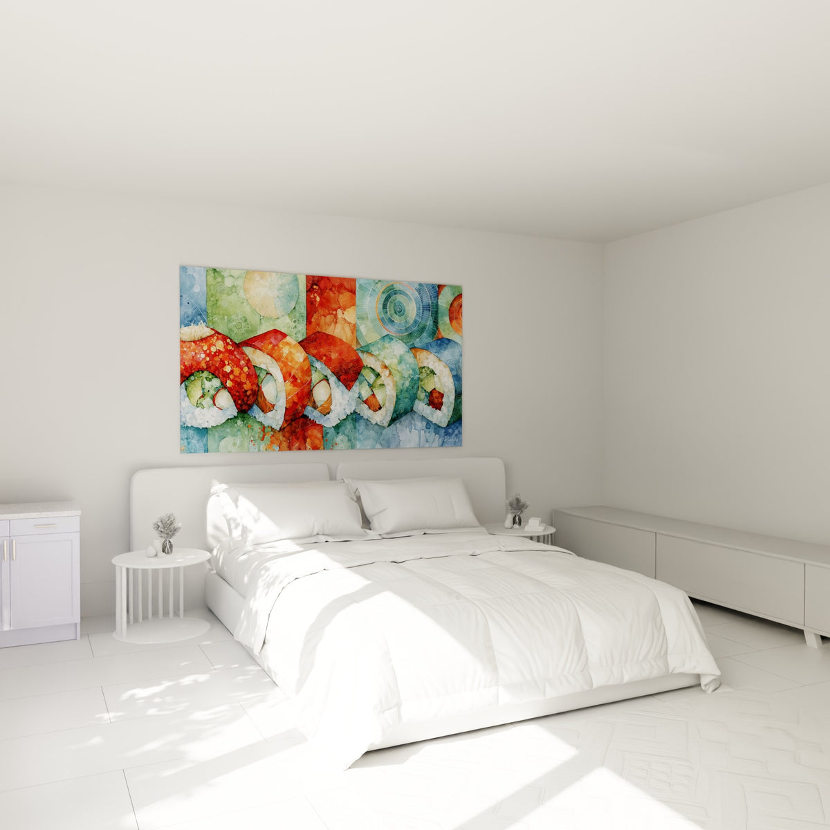 Rouleaux de sushi corail et bleu pastel accrochés au-dessus d'un lit dans une chambre claire