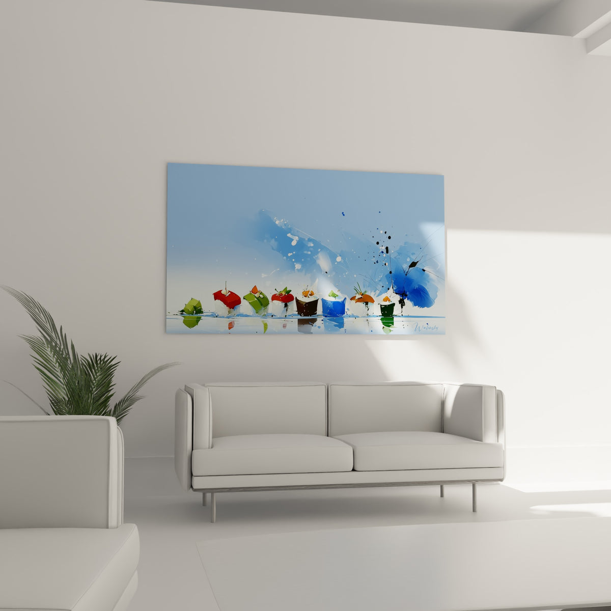Rangée de sushis colorés sur fond bleu au-dessus d'un canapé dans un salon lumineux