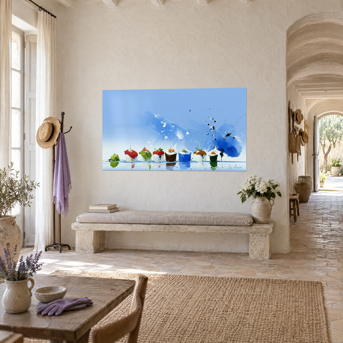 Tableau maki gourmands en rang sur reflet d'eau, touches rouge tomate et brun chocolat sur fond bleu ciel, couloir voûté du mas