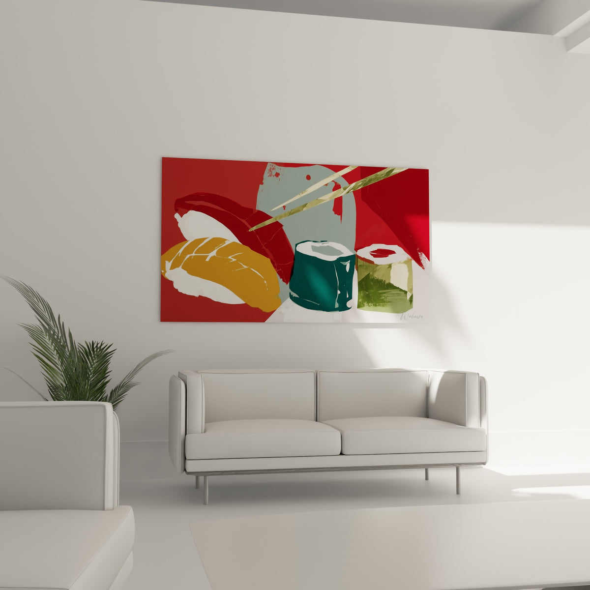 Composition de nigiris dorés et rouleaux bleu pétrole placée au-dessus d'un canapé dans un salon lumineux