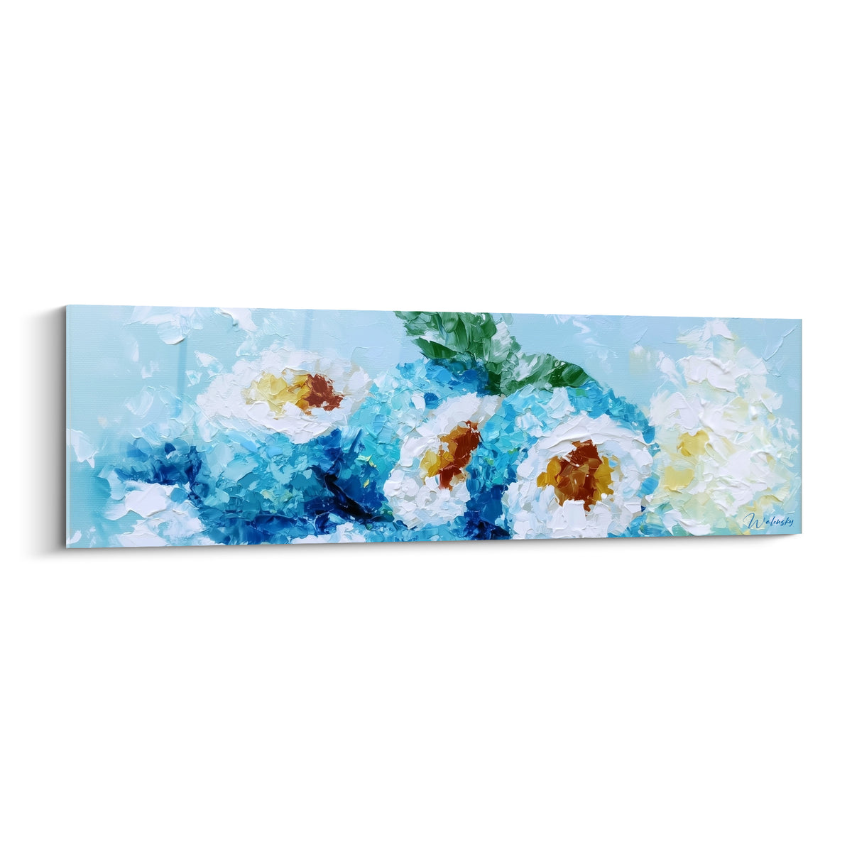 Sushi stylisé aux touches bleu turquoise et blanc nacré, peint au couteau sur toile panoramique