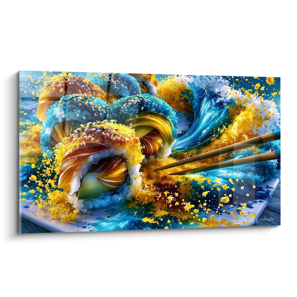 Tableau Sushi roll bleu et jaune éclaboussé de vagues - Baguettes en bambou - Edition Sushi