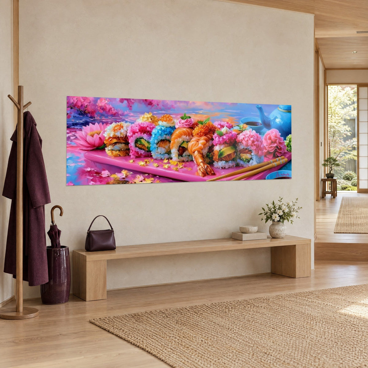 Tableau rouleaux de riz ornés de caviar orangé et de saumon, baguettes en bambou sur plateau fuchsia, mur beige japandi