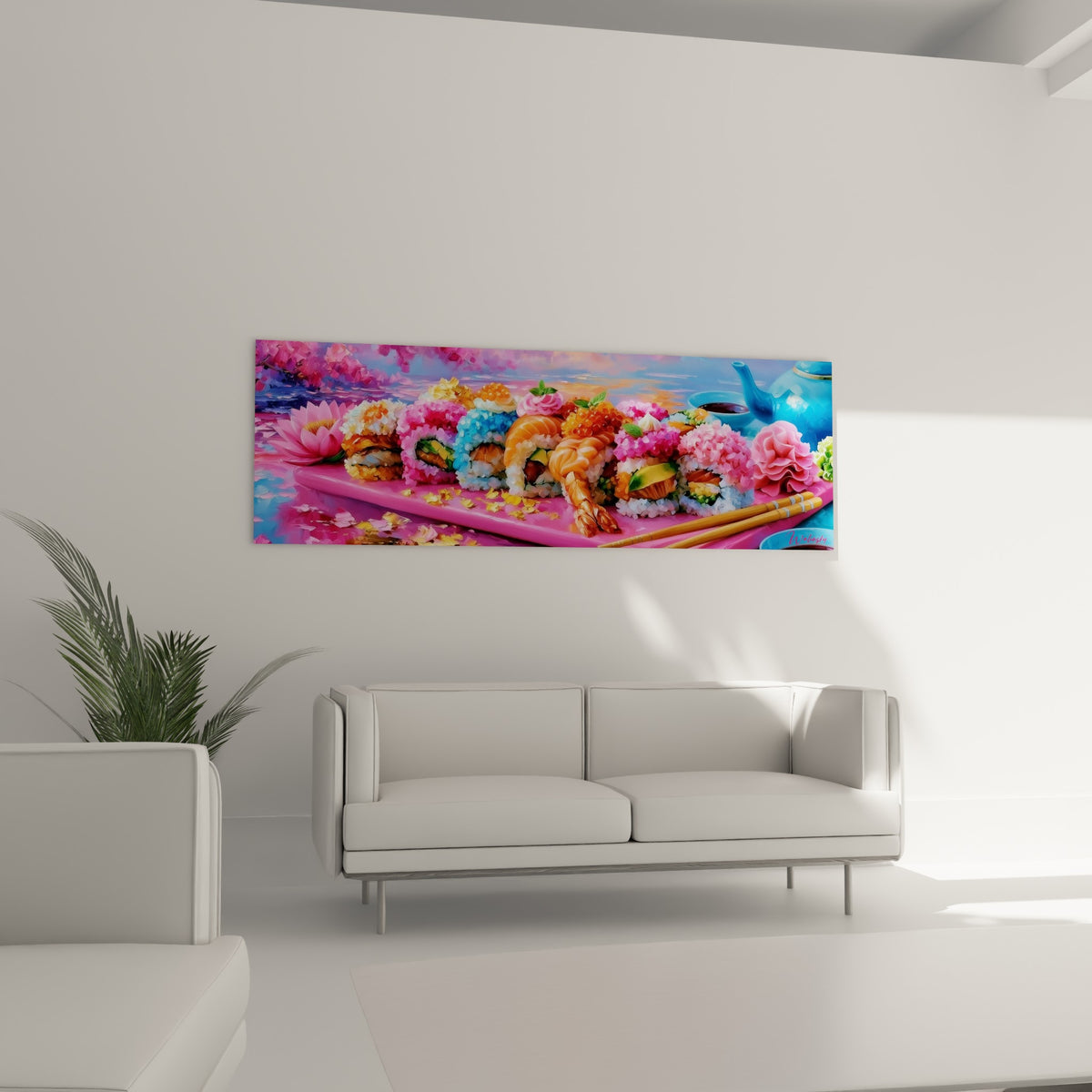 Composition de sushis fleuris en bleu et rose vif suspendue au-dessus d'un canapé dans un salon lumineux