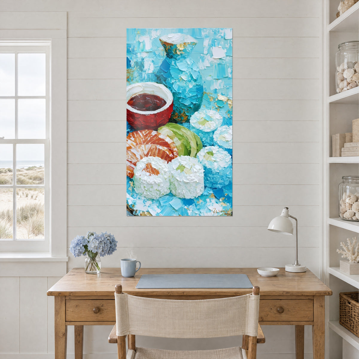 Wall art of a Japanese meal eaten with a knife, frosted white rice, green slices and glacier-blue background, above a light wood desk