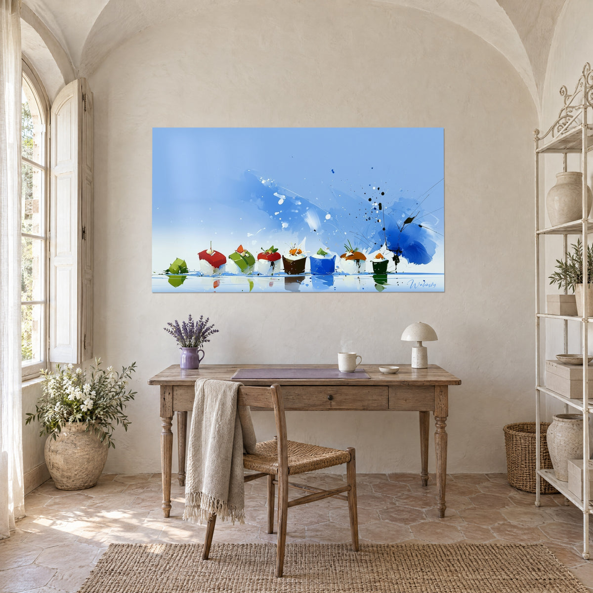 Tableau défilé de petits sushis rouge, bleu et noir sur eau miroir, gouttes d'encre sombres, bureau en bois, mas provençal