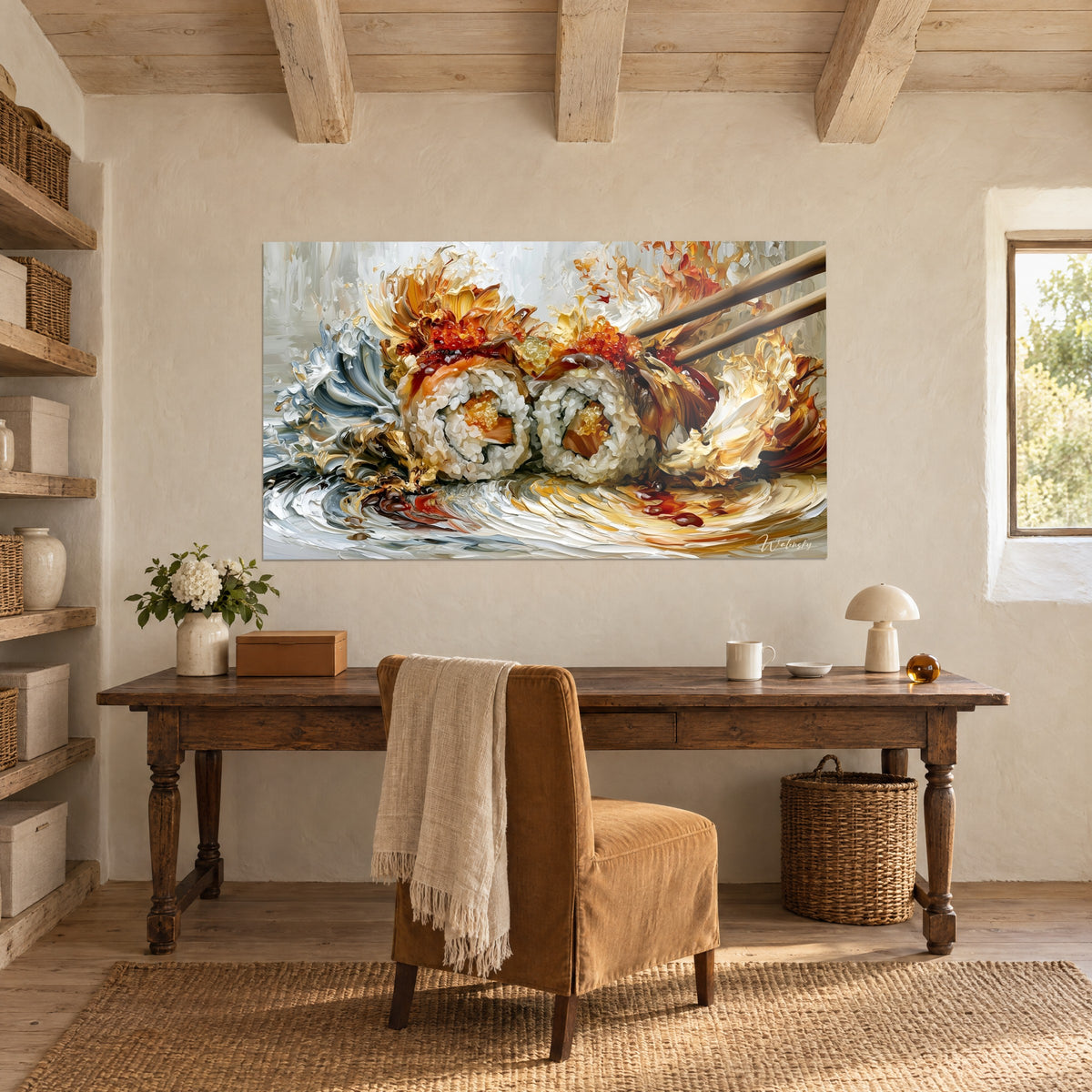 Tableau rouleau de saumon cerné de volutes cuivrées et bleu acier, accroché dans un bureau aux poutres en bois clair