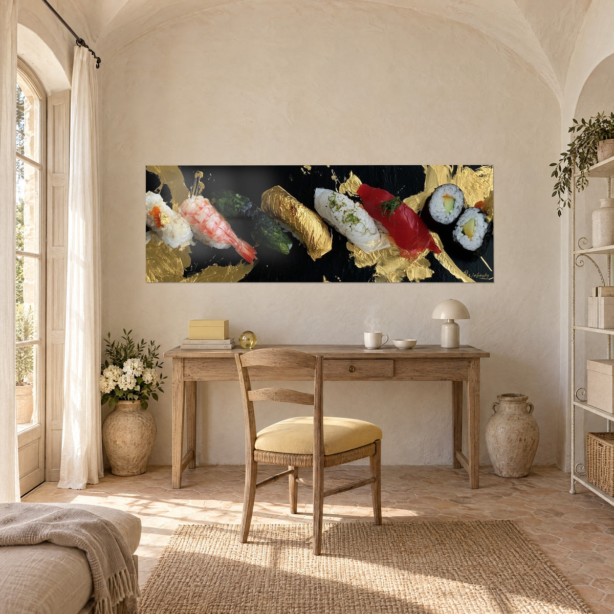 Tableau assortiment de sushis, calamar saupoudré d'herbes, thon écarlate et touches d'or sur noir, au mur d'un bureau en bois clair